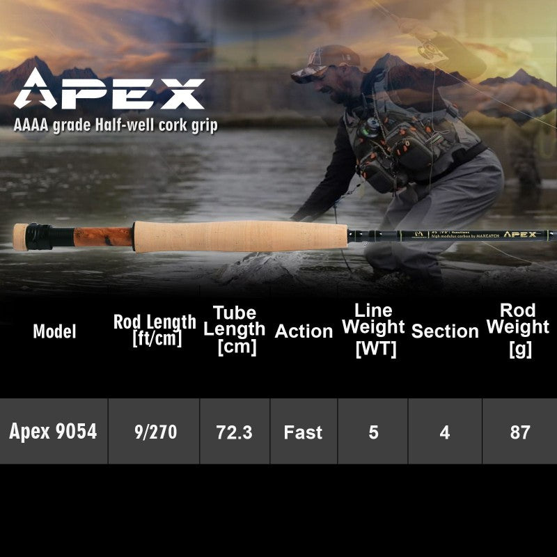 MaxCatch Apex Fly Rod | Trout Rod Hi-mod Carbon Fiber Half-well cork grip 4section