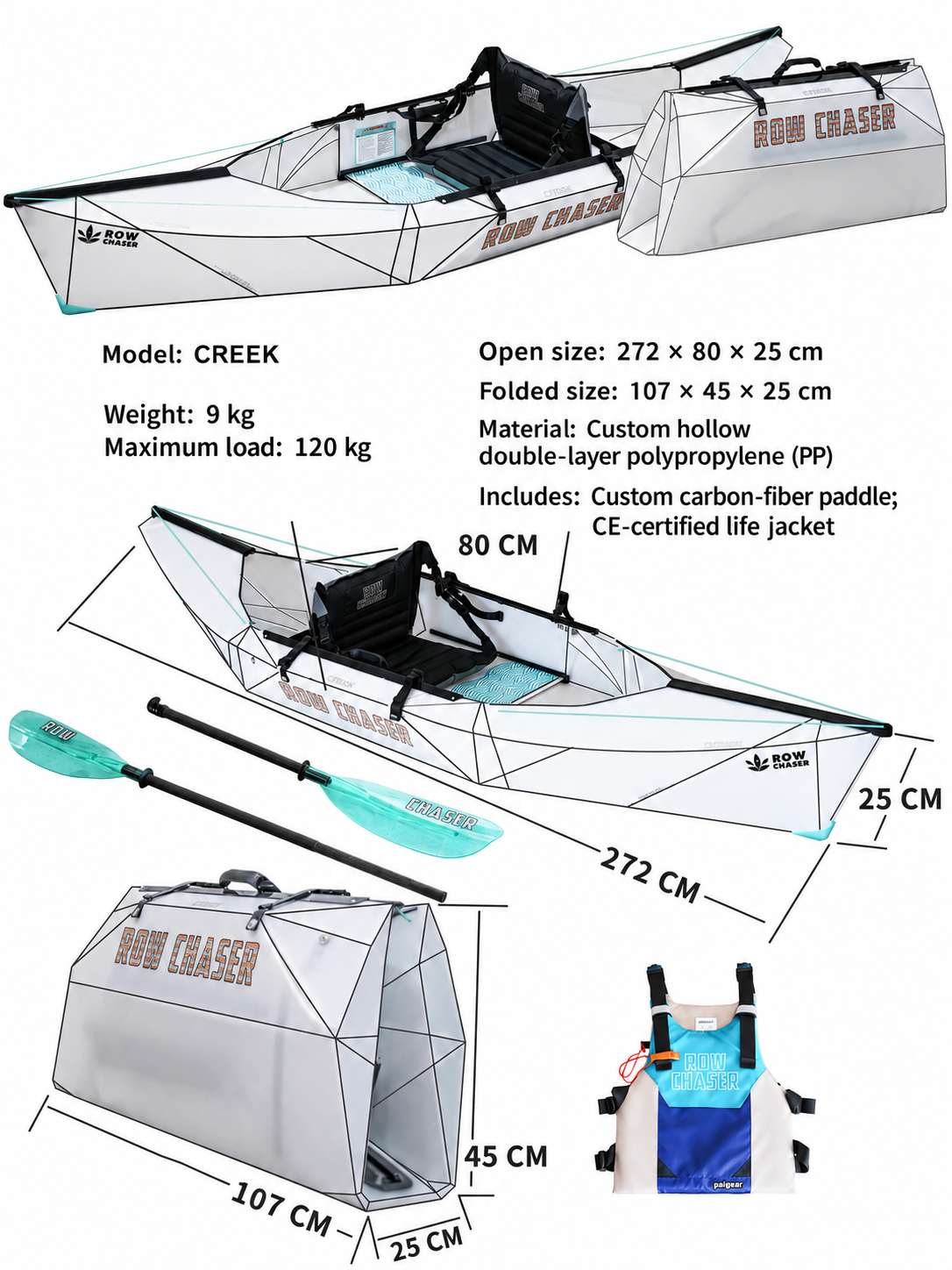 RowChaser Creek Portable Ultralight Foldable Kayak | Non-Inflatable Canoe